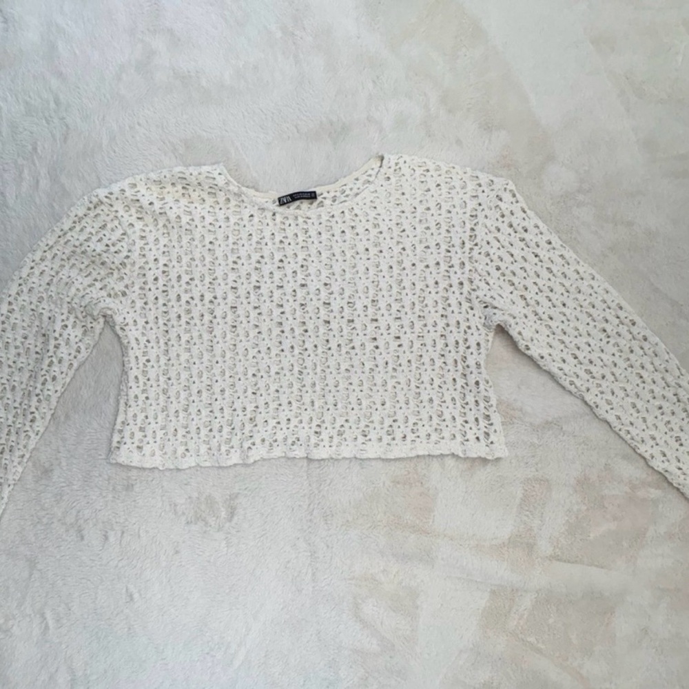 Zara Cream Crochet Open-Knit Long Sleeve Crop Top Size Small